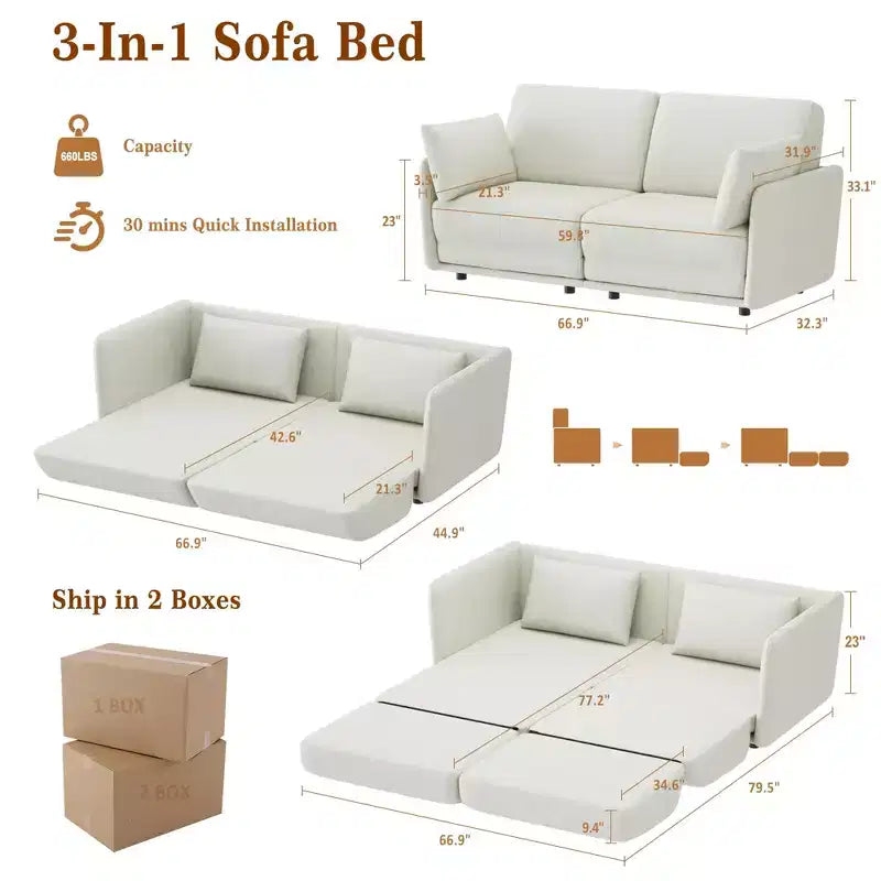 Divano Letto Estraibile Queen Size da 168 cm, Divano Letto Trasformabile 3-in-1 con Cuscini Spessi, Multifunzionale
