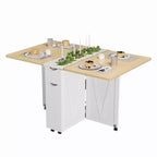 Tavolo da Pranzo Pieghevole in Legno con 6 Ruote, Tavolo con Ante a Ribalta con Cassetto e Ripiano Contenitore per Cucina e Sala da Pranzo