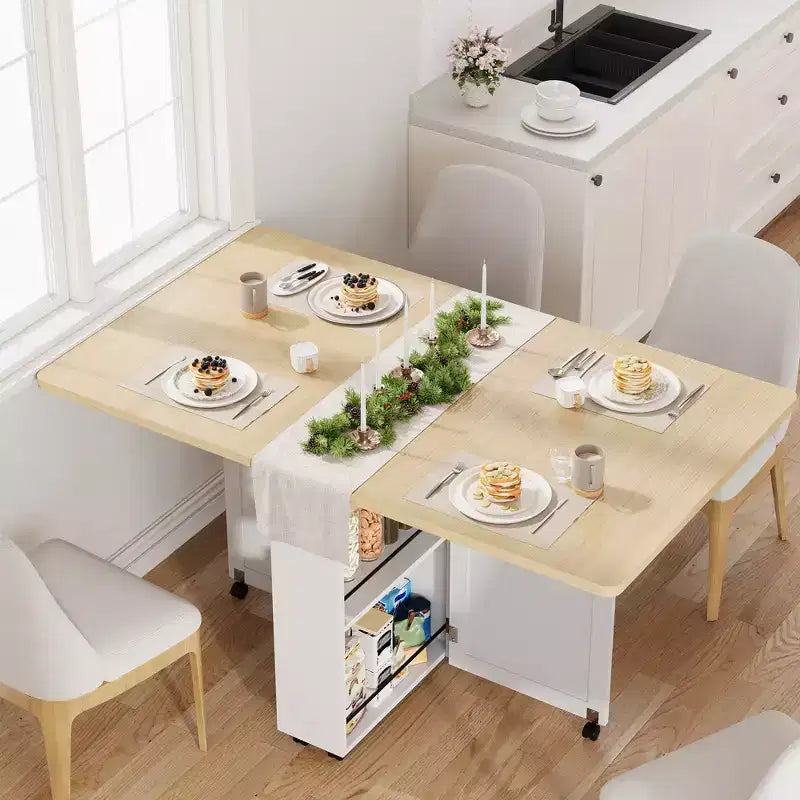 Tavolo da Pranzo Pieghevole in Legno con 6 Ruote, Tavolo con Ante a Ribalta con Cassetto e Ripiano Contenitore per Cucina e Sala da Pranzo