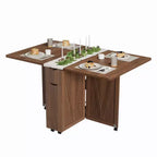 Tavolo da Pranzo Pieghevole in Legno con 6 Ruote, Tavolo con Ante a Ribalta con Cassetto e Ripiano Contenitore per Cucina e Sala da Pranzo