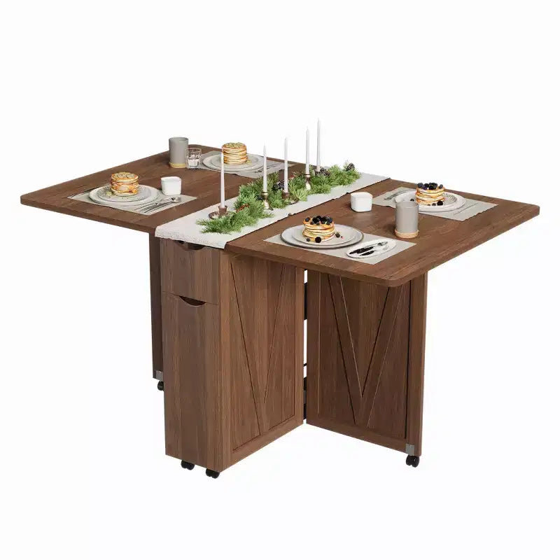 Tavolo da Pranzo Pieghevole in Legno con 6 Ruote, Tavolo con Ante a Ribalta con Cassetto e Ripiano Contenitore per Cucina e Sala da Pranzo