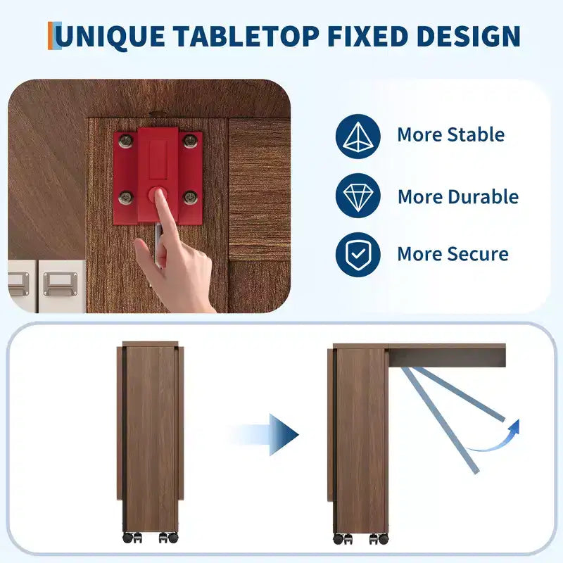 Tavolo da Pranzo Pieghevole in Legno con 6 Ruote, Tavolo con Ante a Ribalta con Cassetto e Ripiano Contenitore per Cucina e Sala da Pranzo