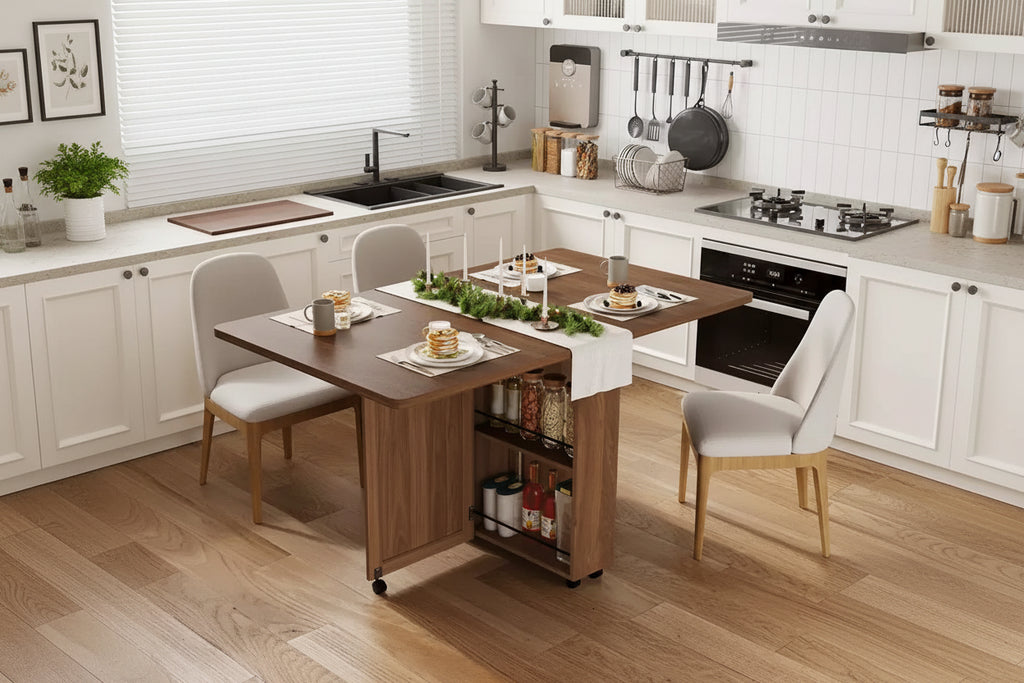 Wood Folding Dining Table with 6 Wheels, Drop Leaf Table with Drawer & Storage Shelf for Kitchen and Dining Room