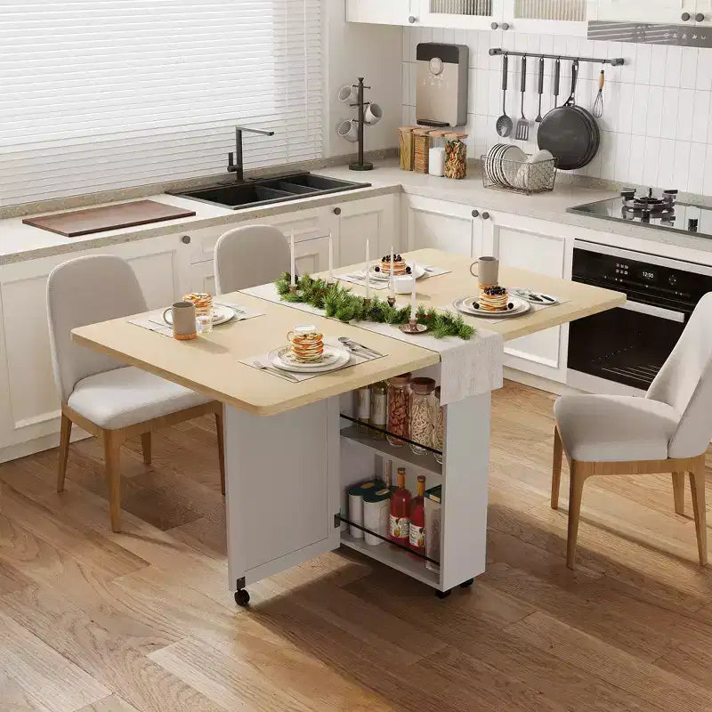 Tavolo da Pranzo Pieghevole in Legno con 6 Ruote, Tavolo con Ante a Ribalta con Cassetto e Ripiano Contenitore per Cucina e Sala da Pranzo