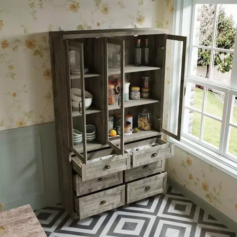 Credenza da Cucina Vintage con Ripiani Regolabili, 6 Cassetti, Anta in Vetro e Modulo Superiore Rustico