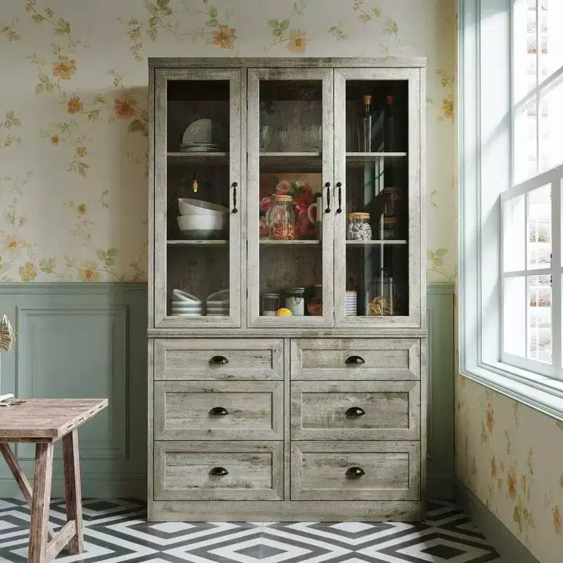 Credenza da Cucina Vintage con Ripiani Regolabili, 6 Cassetti, Anta in Vetro e Modulo Superiore Rustico