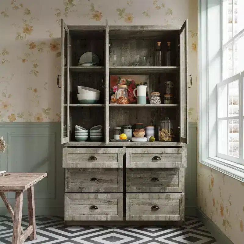 Credenza da Cucina Vintage con Ripiani Regolabili, 6 Cassetti, Anta in Vetro e Modulo Superiore Rustico
