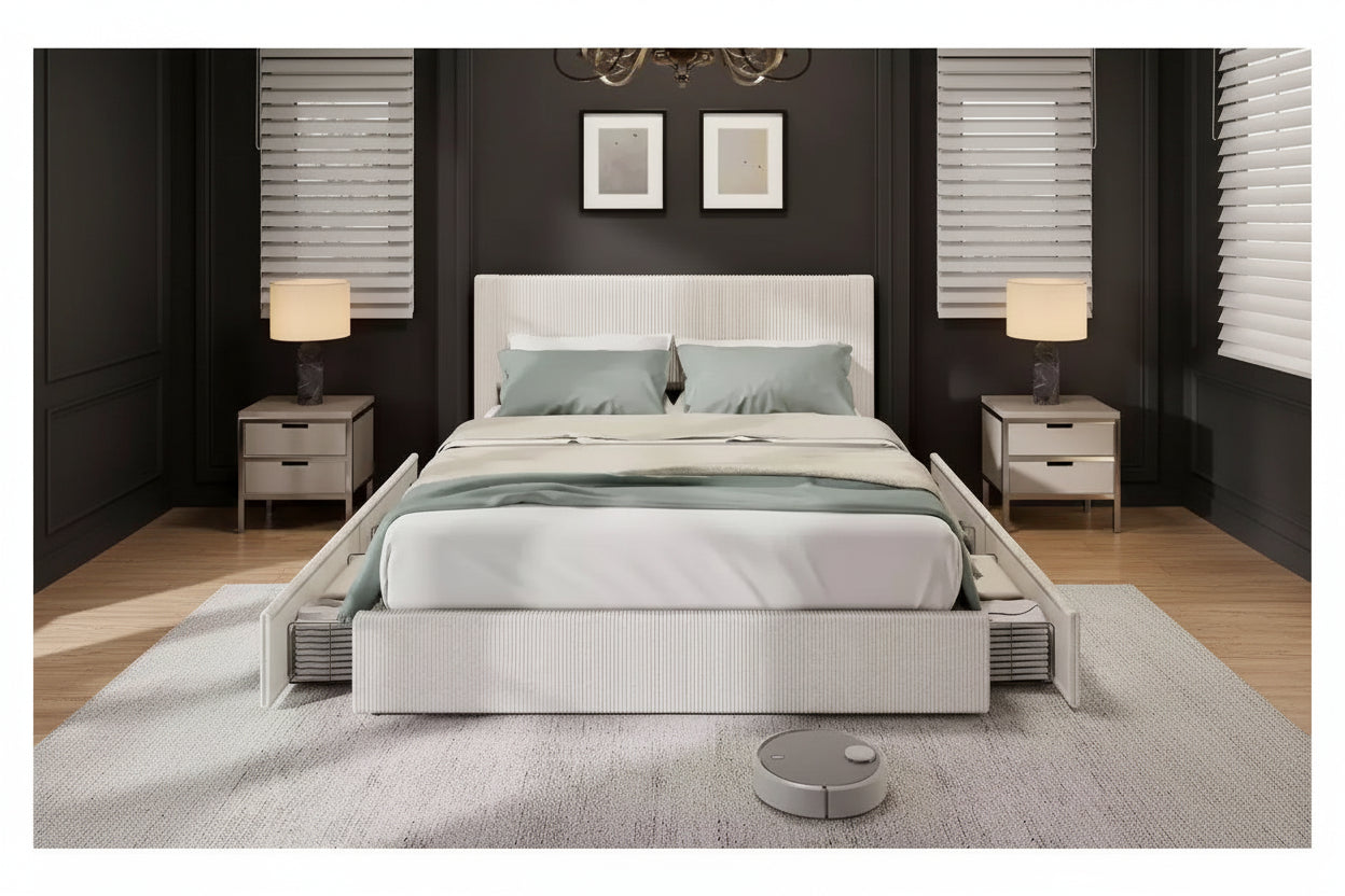 Full Size Bed Frame with 4 Storage Drawers, Upholstered Channel Tufted Wingback Headboard, Strong Wooden Slats Support, No Box Spring Needed.