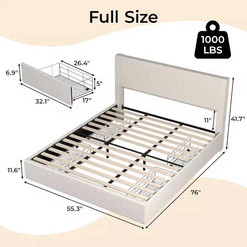Letto Matrimoniale con 4 Cassetti Contenitore, Testiera Imbottita a Canali con Ali Laterali, Robusto Supporto a Doghe in Legno, Nessuna Rete a Molle Necessaria.