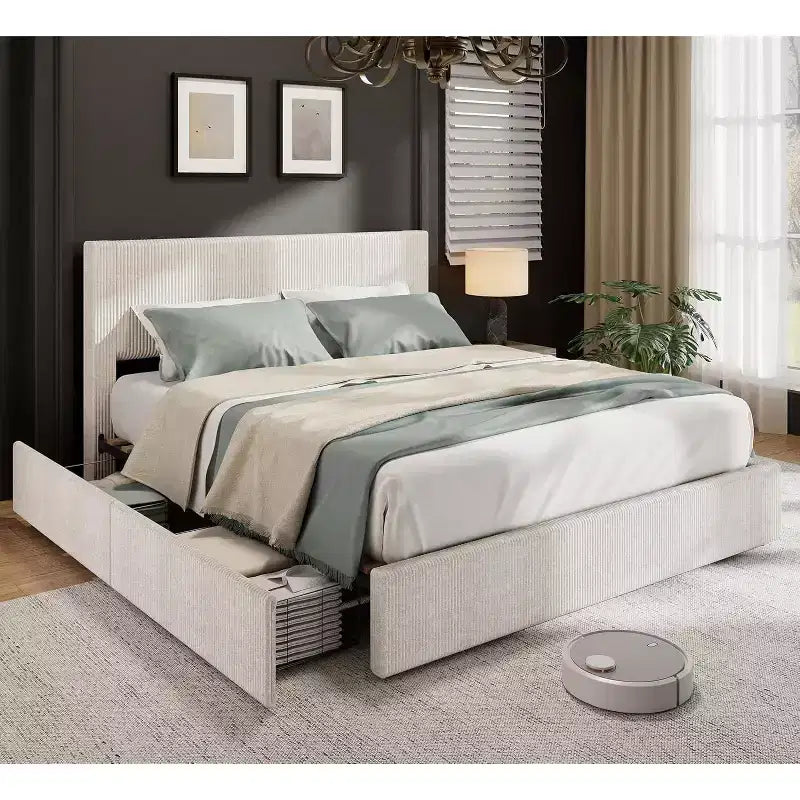 Letto Matrimoniale con 4 Cassetti Contenitore, Testiera Imbottita a Canali con Ali Laterali, Robusto Supporto a Doghe in Legno, Nessuna Rete a Molle Necessaria.