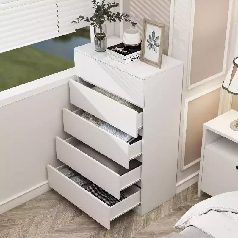 Comò alto bianco a 5 cassetti per camera da letto, cassettiera armadio in legno