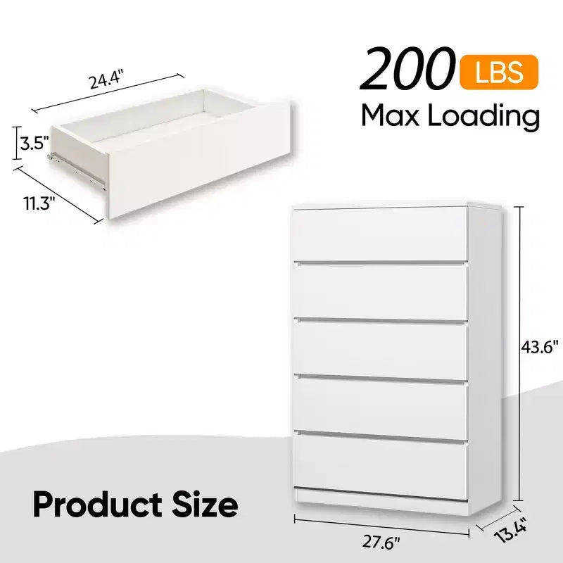 Comò alto bianco a 5 cassetti per camera da letto, cassettiera armadio in legno