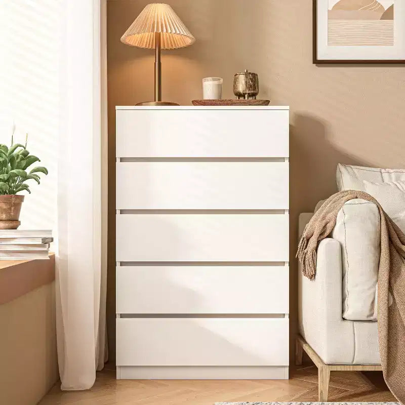 Comò alto bianco a 5 cassetti per camera da letto, cassettiera armadio in legno