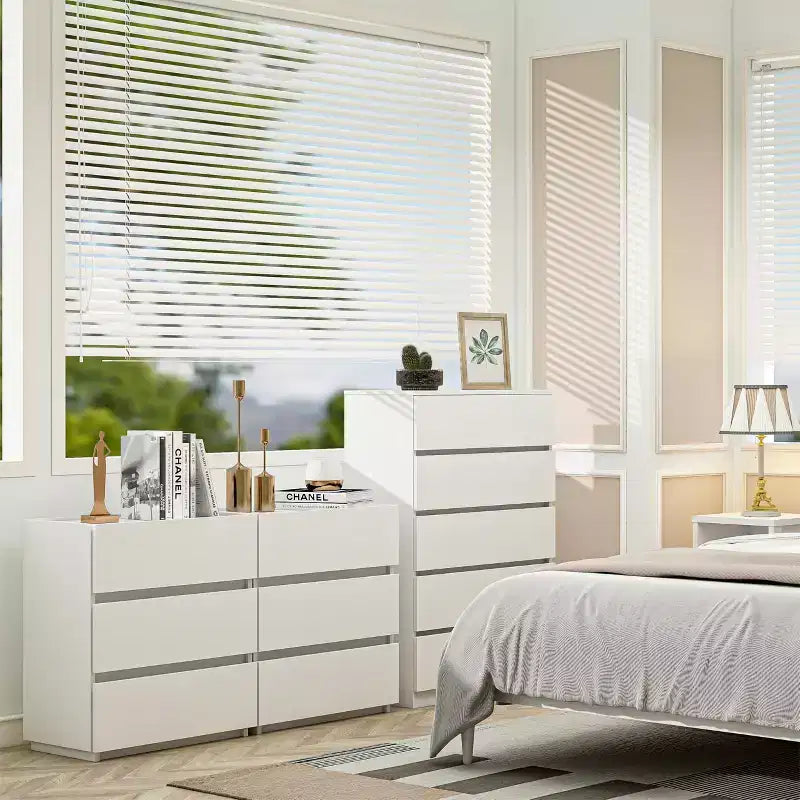 Comò alto bianco a 5 cassetti per camera da letto, cassettiera armadio in legno