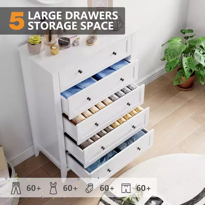 Cassettiera a 5 cassetti per camera da letto - con cassetti profondi e pomelli in metallo, cassettiere moderne in legno per soggiorno, ingresso, corridoio