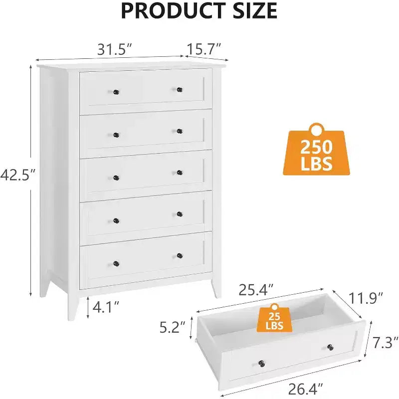 Cassettiera a 5 cassetti per camera da letto - con cassetti profondi e pomelli in metallo, cassettiere moderne in legno per soggiorno, ingresso, corridoio