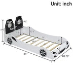 Letto a piattaforma a forma di auto da corsa con luci LED e schienale imbottito, dimensioni singole, bianco