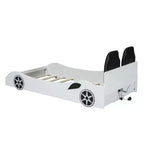 Letto a piattaforma a forma di auto da corsa con luci LED e schienale imbottito, dimensioni singole, bianco