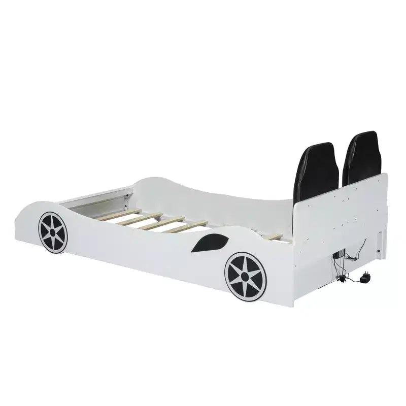 Letto a piattaforma a forma di auto da corsa con luci LED e schienale imbottito, dimensioni singole, bianco