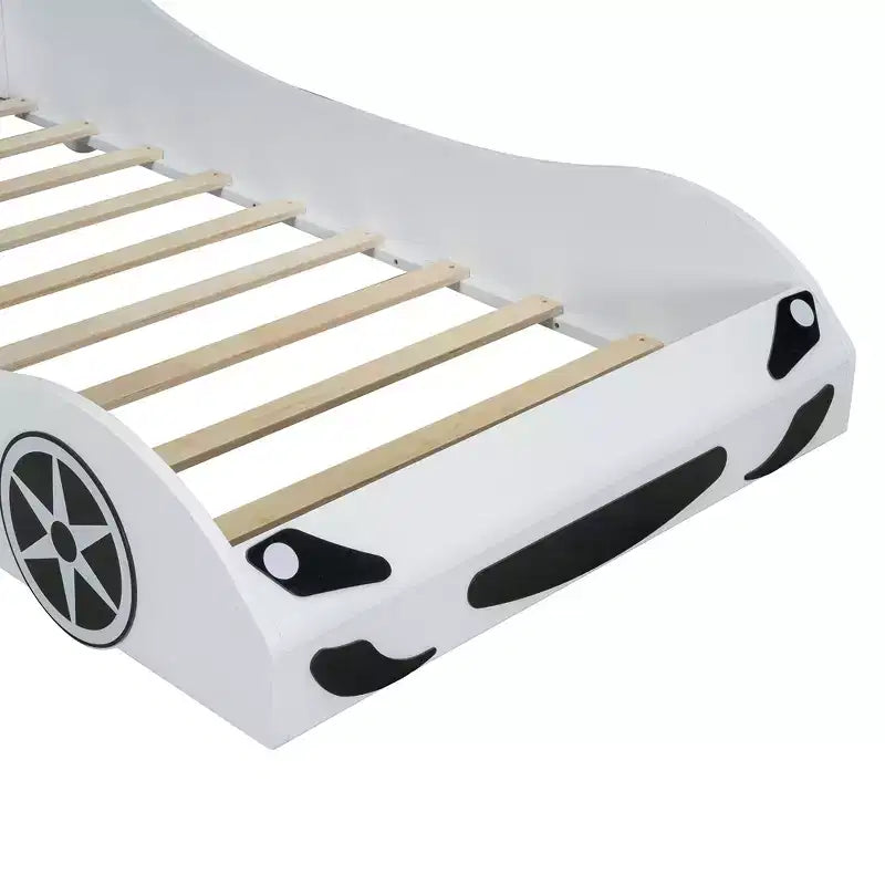 Letto a piattaforma a forma di auto da corsa con luci LED e schienale imbottito, dimensioni singole, bianco
