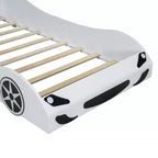 Letto a piattaforma a forma di auto da corsa con luci LED e schienale imbottito, dimensioni singole, bianco