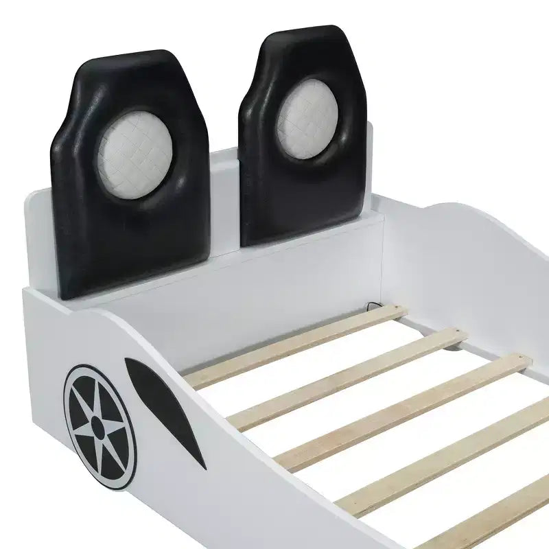 Letto a piattaforma a forma di auto da corsa con luci LED e schienale imbottito, dimensioni singole, bianco
