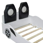 Letto a piattaforma a forma di auto da corsa con luci LED e schienale imbottito, dimensioni singole, bianco