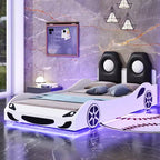 Letto a piattaforma a forma di auto da corsa con luci LED e schienale imbottito, dimensioni singole, bianco
