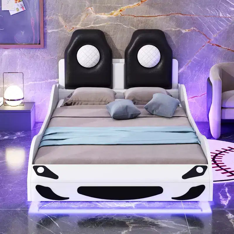 Letto a piattaforma a forma di auto da corsa con luci LED e schienale imbottito, dimensioni singole, bianco