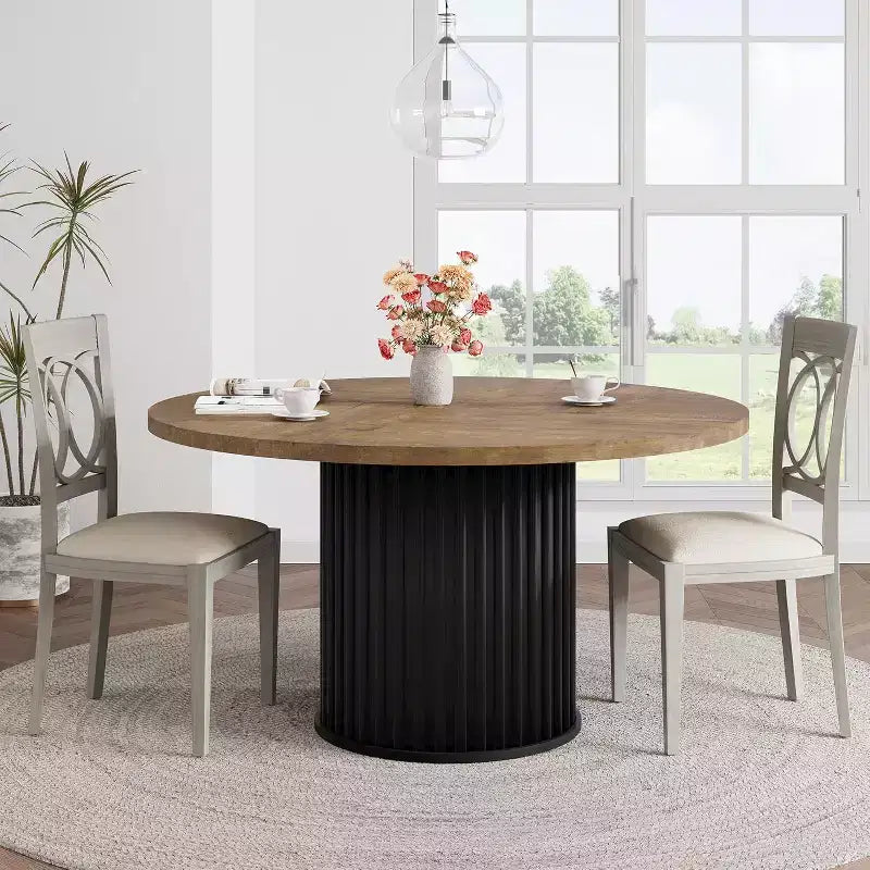 Tavolo da pranzo rotondo industriale da 47 pollici per 4-6 persone, tavolo da pranzo con robusta base a piedistallo in metallo ondulato, per sala da pranzo, cucina