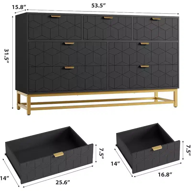 Cassettiera larga a 7 cassetti con maniglie dorate, mobile contenitore moderno in legno per camera da letto o soggiorno