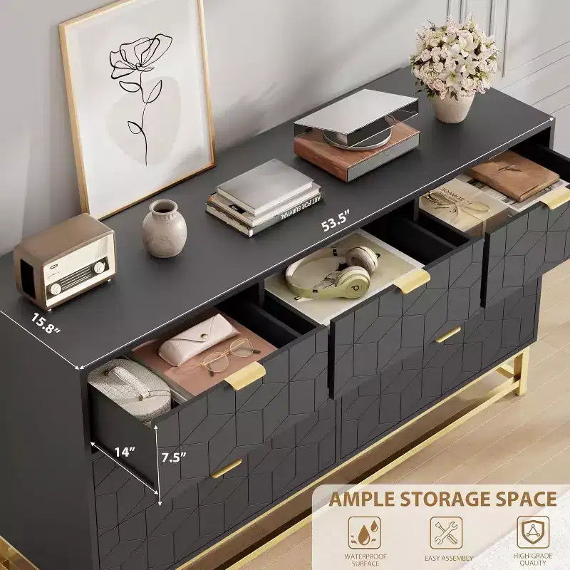 Cassettiera larga a 7 cassetti con maniglie dorate, mobile contenitore moderno in legno per camera da letto o soggiorno