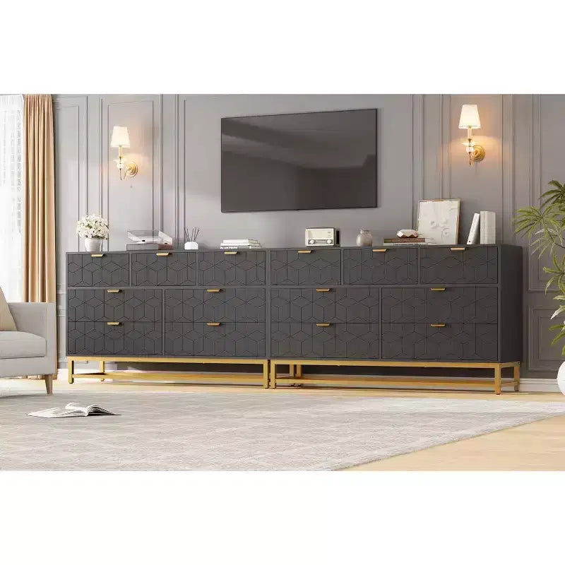 Cassettiera larga a 7 cassetti con maniglie dorate, mobile contenitore moderno in legno per camera da letto o soggiorno