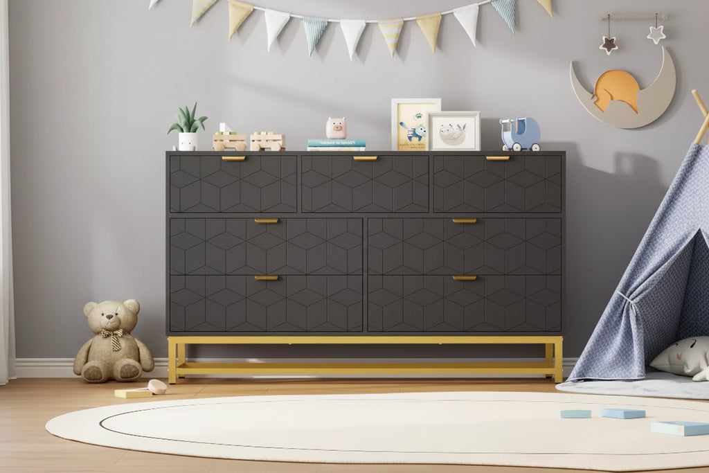 Cassettiera larga a 7 cassetti con maniglie dorate, mobile contenitore moderno in legno per camera da letto o soggiorno