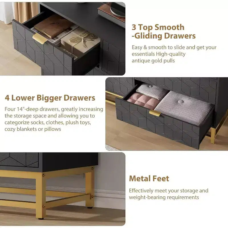 Cassettiera larga a 7 cassetti con maniglie dorate, mobile contenitore moderno in legno per camera da letto o soggiorno