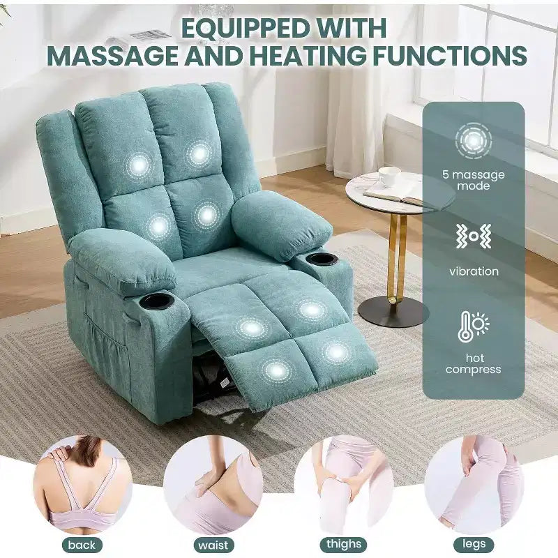 Poltrona Reclinabile Manuale con Massaggio e Riscaldamento - Poltroncina per Soggiorno o Camera da Letto con Capacità 175 kg, Inclinazione 155°, Portabicchieri, Consegna in Scatola Unica