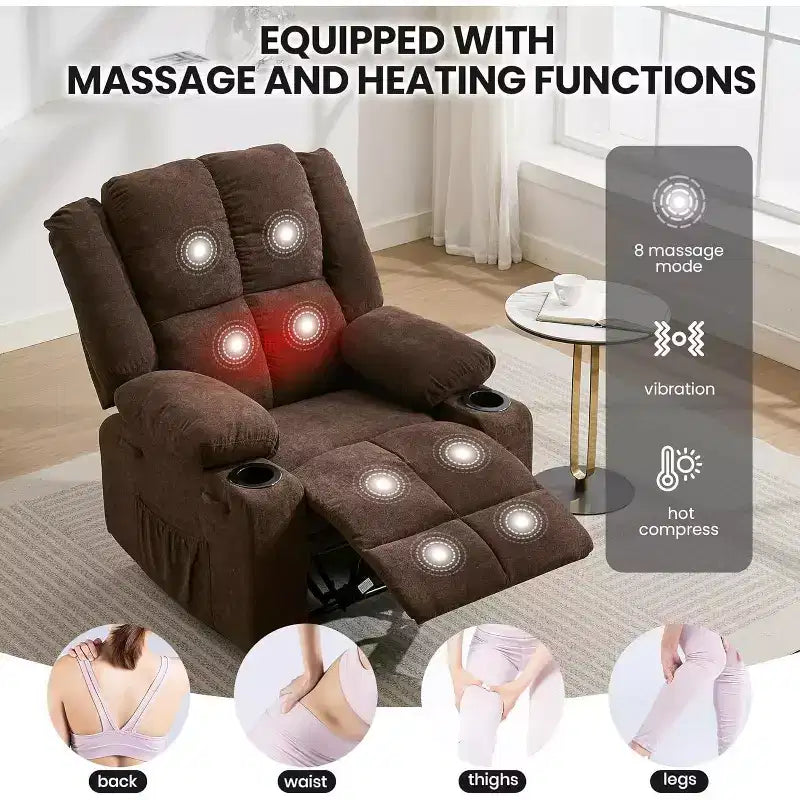 Poltrona Reclinabile Manuale con Massaggio e Riscaldamento - Poltroncina per Soggiorno o Camera da Letto con Capacità 175 kg, Inclinazione 155°, Portabicchieri, Consegna in Scatola Unica