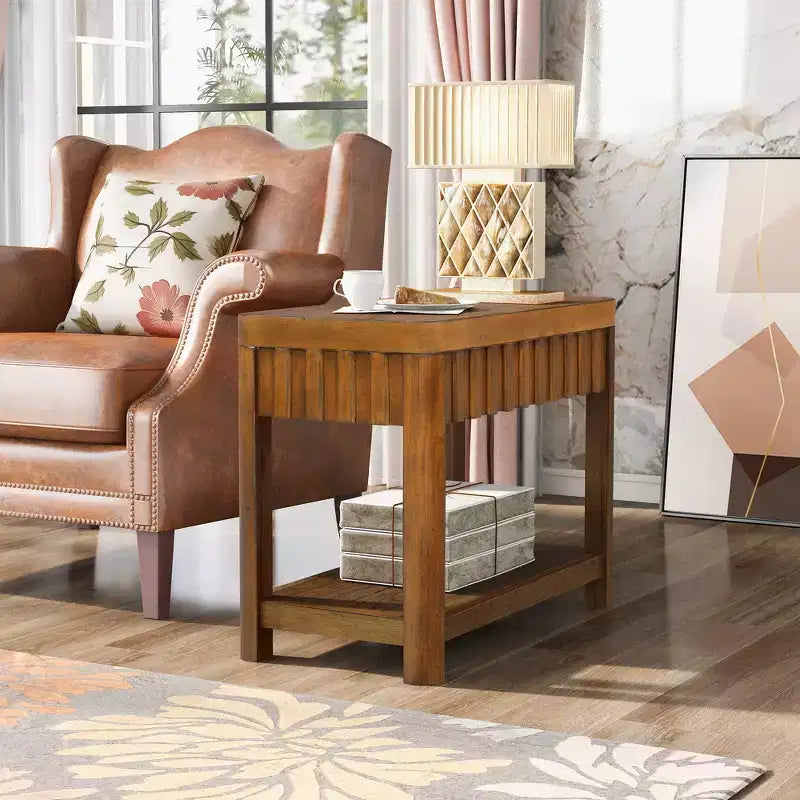 Zeus & Ruta 25'' Farmhouse Rectangular End Table with Storage Shelf and Solid Wood Legs for Living Room, Bedroom, or Office, Walnut
