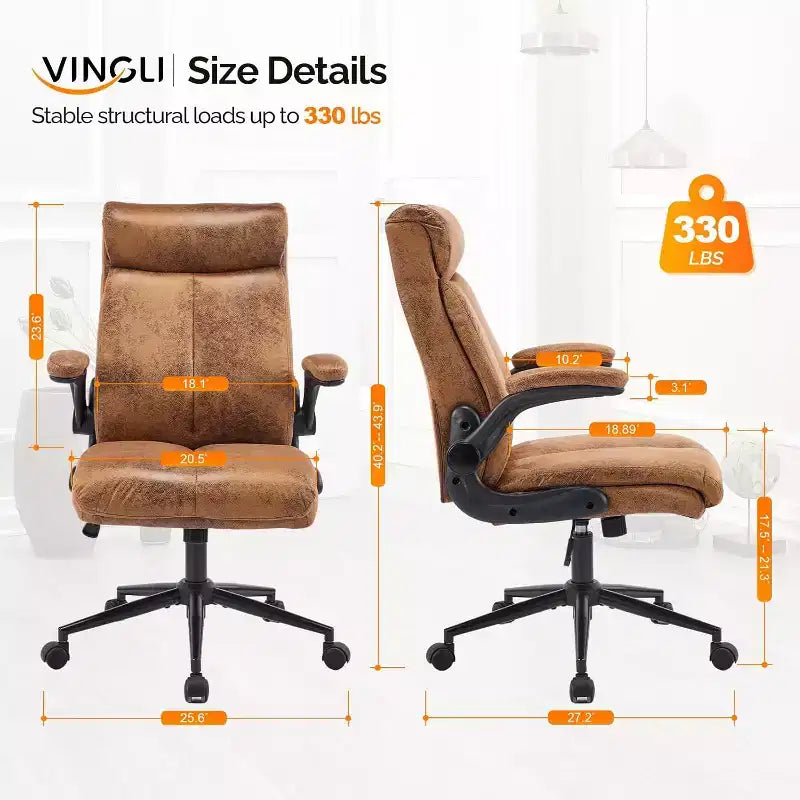 Sedia da ufficio direzionale in microfibra marrone con schienale alto, braccioli imbottiti ribaltabili, girevole a 360° e ruote