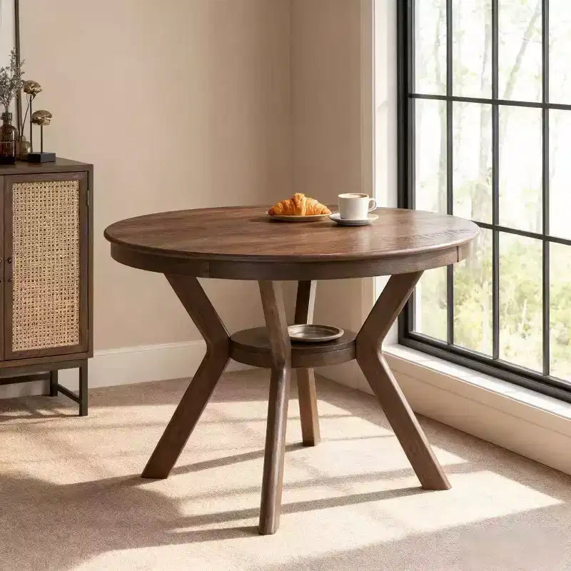 Tavolo Rotondo da Pranzo in Legno con Ripiano Contenitore per Cucina o Piccoli Spazi