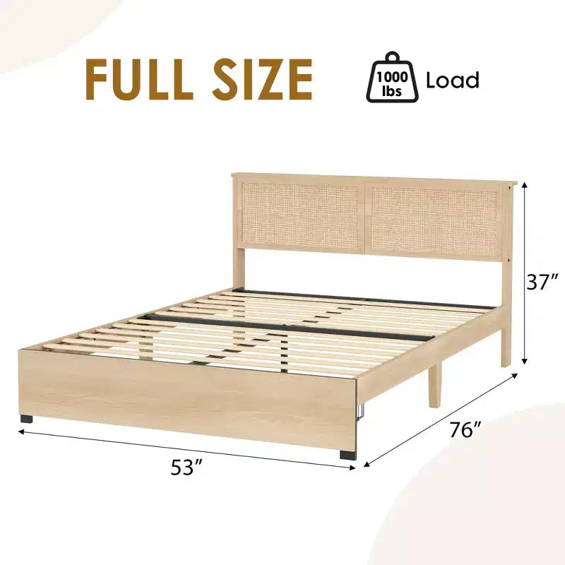 Struttura Letto Matrimoniale, Letto Matrimoniale con Testiera in Rattan Naturale, Struttura Letto in Rattan con 2 Cassetti Contenitore e Robuste Doghe in Legno