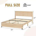 Struttura Letto Matrimoniale, Letto Matrimoniale con Testiera in Rattan Naturale, Struttura Letto in Rattan con 2 Cassetti Contenitore e Robuste Doghe in Legno