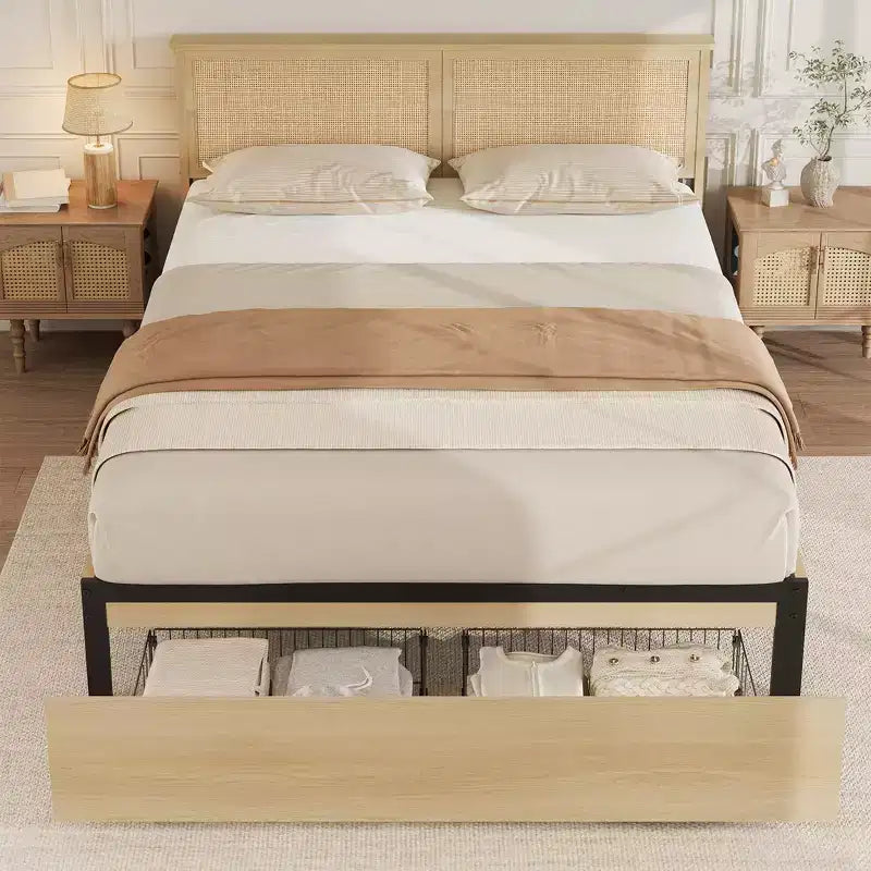 Struttura Letto Matrimoniale, Letto Matrimoniale con Testiera in Rattan Naturale, Struttura Letto in Rattan con 2 Cassetti Contenitore e Robuste Doghe in Legno