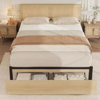 Struttura Letto Matrimoniale, Letto Matrimoniale con Testiera in Rattan Naturale, Struttura Letto in Rattan con 2 Cassetti Contenitore e Robuste Doghe in Legno