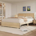 Struttura Letto Matrimoniale, Letto Matrimoniale con Testiera in Rattan Naturale, Struttura Letto in Rattan con 2 Cassetti Contenitore e Robuste Doghe in Legno