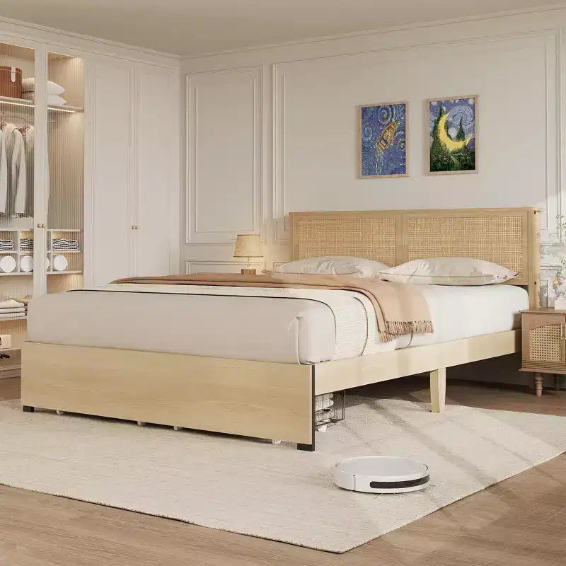 Struttura Letto Matrimoniale, Letto Matrimoniale con Testiera in Rattan Naturale, Struttura Letto in Rattan con 2 Cassetti Contenitore e Robuste Doghe in Legno