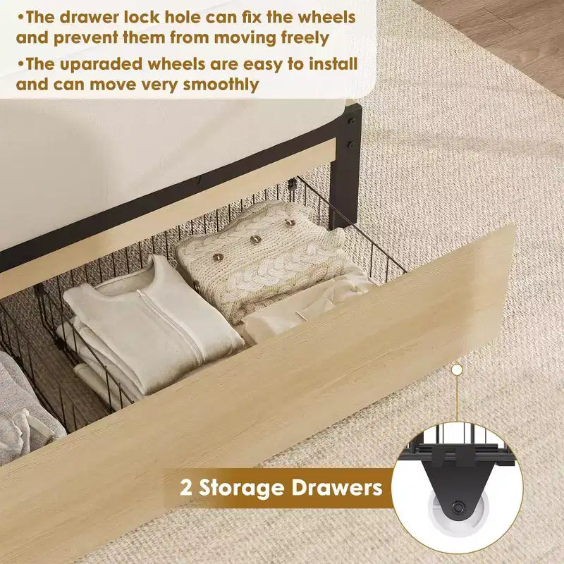 Struttura Letto Matrimoniale, Letto Matrimoniale con Testiera in Rattan Naturale, Struttura Letto in Rattan con 2 Cassetti Contenitore e Robuste Doghe in Legno