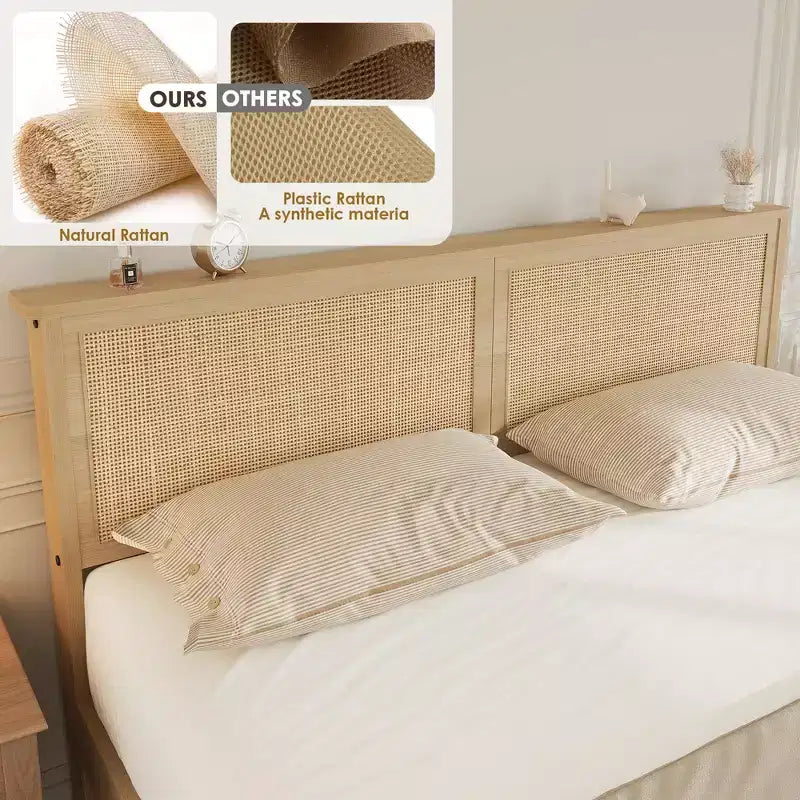 Struttura Letto Matrimoniale, Letto Matrimoniale con Testiera in Rattan Naturale, Struttura Letto in Rattan con 2 Cassetti Contenitore e Robuste Doghe in Legno
