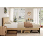 Struttura Letto Matrimoniale, Letto Matrimoniale con Testiera in Rattan Naturale, Struttura Letto in Rattan con 2 Cassetti Contenitore e Robuste Doghe in Legno
