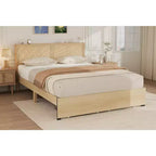 Struttura Letto Matrimoniale, Letto Matrimoniale con Testiera in Rattan Naturale, Struttura Letto in Rattan con 2 Cassetti Contenitore e Robuste Doghe in Legno